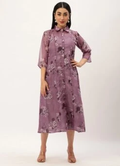 Teen Girls Mauve Organza Digital Printed Coat Style Dress Party Wear -Mahra Clothing Shop Mauve Organza Digital Printed Coat Style Dress IWBS02301803 u