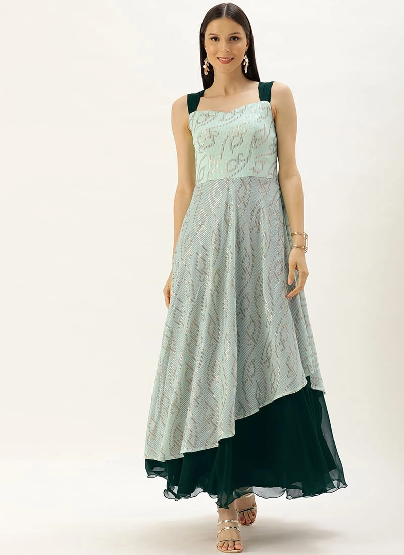 Teen Girls Mint Green Georgette Sequins Embroidered Strap Gown Festive Wear 3 Teen Girls Mint Green Georgette Sequins Embroidered Strap Gown Festive Wear - Image 3