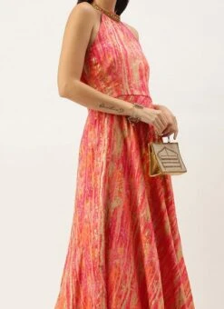 Teen Girls Multicolored Art Silk Halter Neck Gown After Six Wear