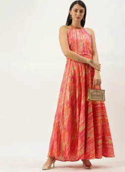 Teen Girls Multicolored Art Silk Halter Neck Gown After Six Wear -Mahra Clothing Shop Multicolored Art Silk Halter Neck Gown IWBS02106506 u