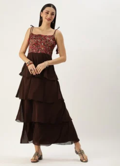 Teen Girls Multicolored Art Silk Printed N Brown Layered Dress Festive Wear -Mahra Clothing Shop Multicolored Art Silk Printed N Brown Layered Dress IWBS02303687 u