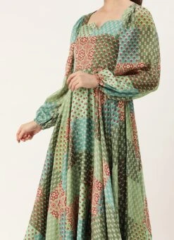 Teen Girls Multicolored Digital Printed Chinon Gown Party Wear