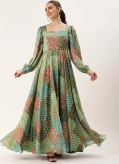 Teen Girls Multicolored Digital Printed Chinon Gown Party Wear -Mahra Clothing Shop Multicolored Digital Printed Chinon Gown IWBS02308848 u