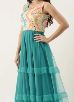 Teen Girls Multicolored Embroidered N Scuba Blue Ruffles Gown Festive Wear