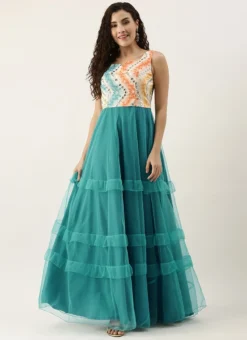 Teen Girls Multicolored Embroidered N Scuba Blue Ruffles Gown Festive Wear -Mahra Clothing Shop Multicolored Embroidered N Scuba Blue Ruffles Gown IWBS02110968 u