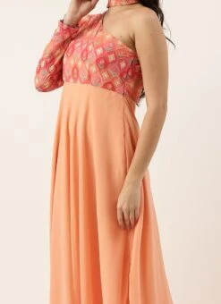 Teen Girls Multicolored Embroidered One Shoulder Gown Festive Wear