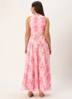 Multicolored Georgette Printed Halter Neck Dress After Six Wear -Mahra Clothing Shop Multicolored Georgette Printed Halter Neck Dress DRBS02302437 b