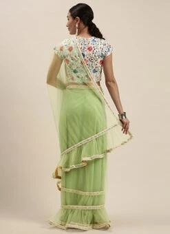 Teen Girls Multicolored N Green Embroidered Ruffle Net Saree Party Wear -Mahra Clothing Shop Multicolored N Green Embroidered Ruffle Net Saree SABS02107553 b