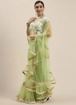 Teen Girls Multicolored N Green Embroidered Ruffle Net Saree Party Wear -Mahra Clothing Shop Multicolored N Green Embroidered Ruffle Net Saree SABS02107553 u