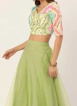 Teen Girls Multicolored N Green Net Lehenga Set Festive Wear