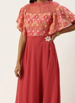 Teen Girls Multicolored N Pink Georgette Embroidered Gown Party Wear