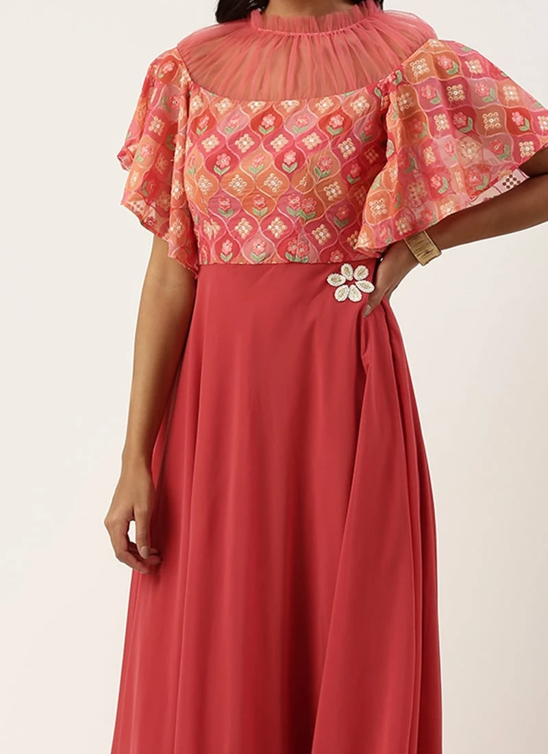 Teen Girls Multicolored N Pink Georgette Embroidered Gown Party Wear 1 Teen Girls Multicolored N Pink Georgette Embroidered Gown Party Wear