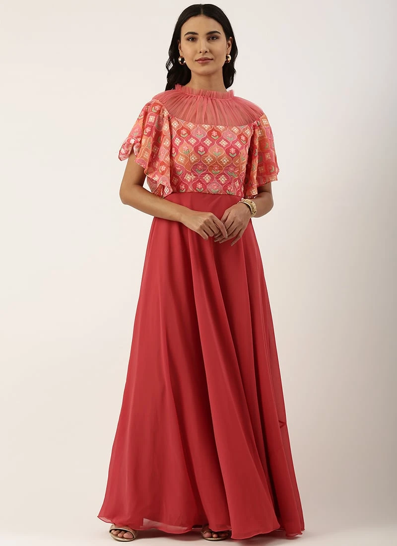 Teen Girls Multicolored N Pink Georgette Embroidered Gown Party Wear 3 Teen Girls Multicolored N Pink Georgette Embroidered Gown Party Wear - Image 3