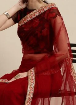 Teen Girls Multicolored Organza N Red Net Border Saree Festive Wear