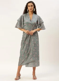 Multicolored Printed Modal Satin Pleated Dress After Six Wear -Mahra Clothing Shop Multicolored Printed Modal Satin Pleated Dress DRBS02212632 u