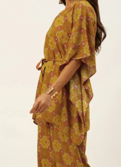 Teen Girls Multicolored Printed Viscose Kaftan Set Festive Wear