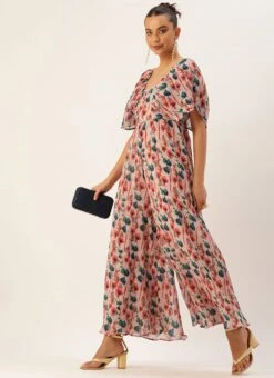 Multicoloured Pleated Georgette Jumpsuit Festive Wear After Six Wear -Mahra Clothing Shop Multicoloured Pleated Georgette Jumpsuit DRBS02211145 u