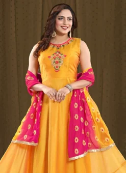 Mustard Art Silk Anarkali Suit Party Wear -Mahra Clothing Shop Mustard Art Silk Anarkali Suit SLMNFG129GOLDEN b