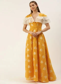 Mustard Art Silk Ruffled Dress Festive Wear -Mahra Clothing Shop Mustard Art Silk Ruffled Dress DRBS02210937 u