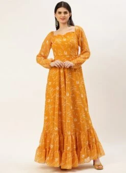Mustard Digital Print Georgette Maxi Dress After Six Wear -Mahra Clothing Shop Mustard Digital Print Georgette Maxi Dress DRBS02301953 u