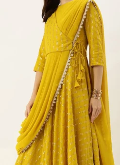 Mustard Embroidered Dupatta Draped Style Gown Wedding Wear