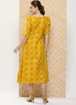 Mustard Rayon Printed A-Line Dress After Six Wear -Mahra Clothing Shop Mustard Rayon Printed A Line Dress DRBS02302195 b