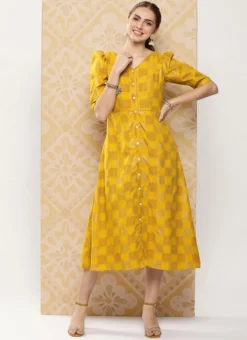 Mustard Rayon Printed A-Line Dress After Six Wear -Mahra Clothing Shop Mustard Rayon Printed A Line Dress DRBS02302195 u