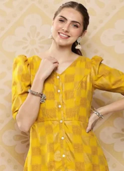 Mustard Rayon Printed A-Line Dress After Six Wear -Mahra Clothing Shop Mustard Rayon Printed A Line Dress DRBS02302195 rrc1