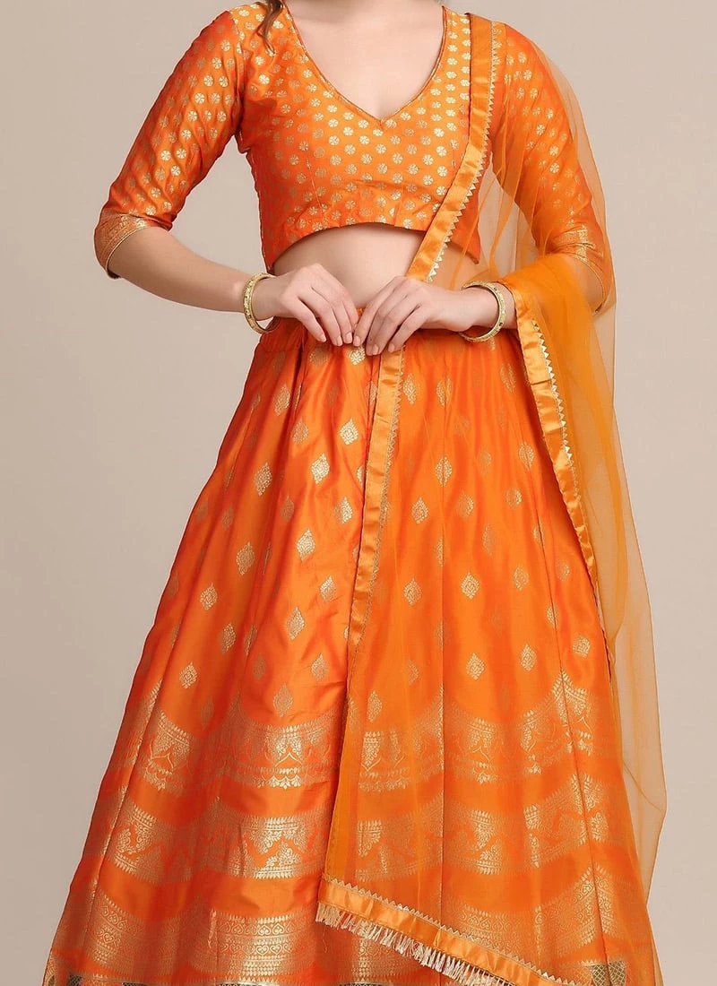 Mustard Silk Zari Jacquard Weaving Work A Line Lehenga Party Wear 1 Mustard Silk Zari Jacquard Weaving Work A Line Lehenga Party Wear