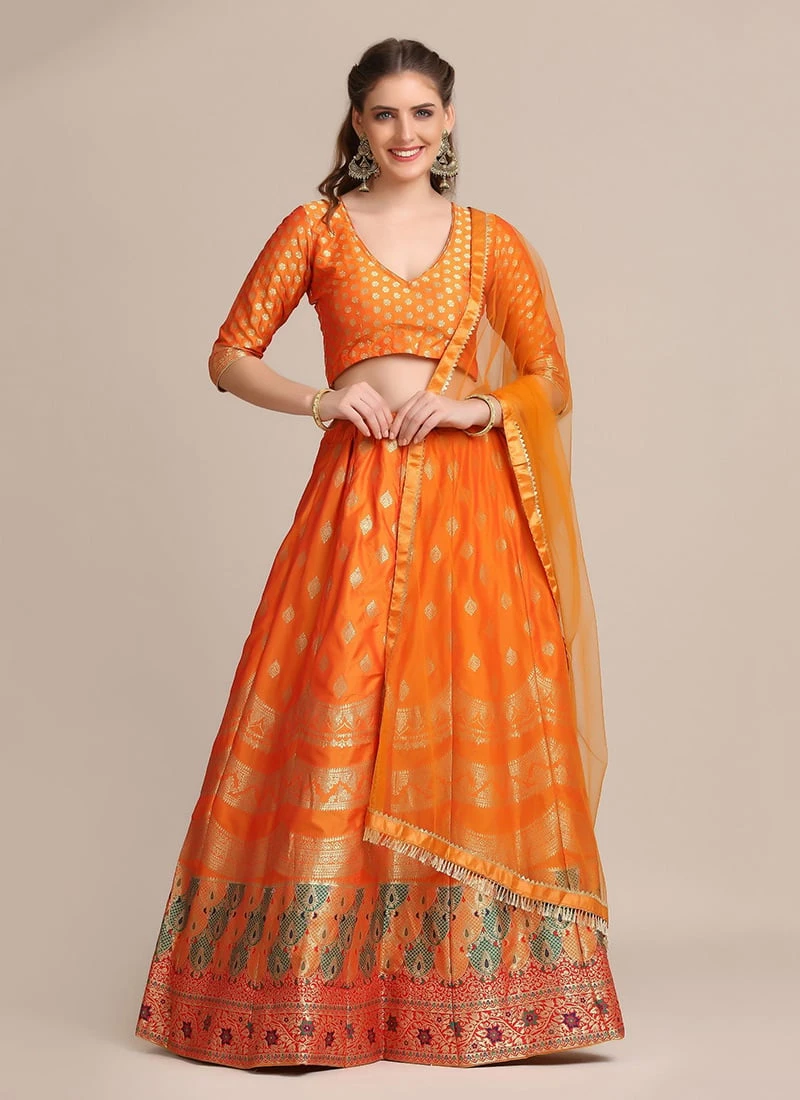 Mustard Silk Zari Jacquard Weaving Work A Line Lehenga Party Wear 3 Mustard Silk Zari Jacquard Weaving Work A Line Lehenga Party Wear - Image 3