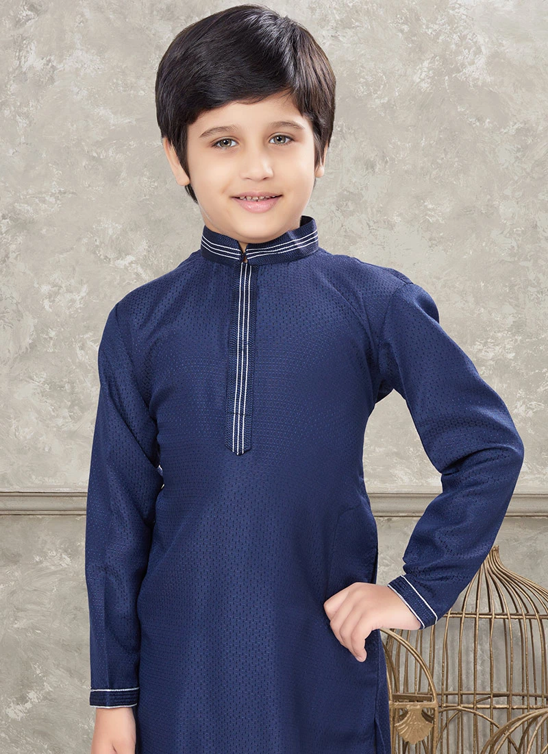 Navy Blue Art Silk Kids Boys Kurta Pyjama Party Wear 3 Navy Blue Art Silk Kids Boys Kurta Pyjama Party Wear - Image 3