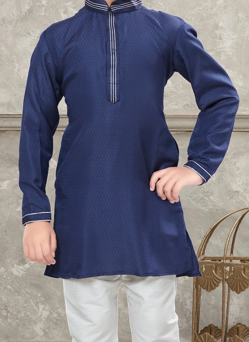 Navy Blue Art Silk Kids Boys Kurta Pyjama Party Wear 1 Navy Blue Art Silk Kids Boys Kurta Pyjama Party Wear