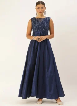 Teen Girls Navy Blue Embroiderd N Taffeta Classic Gown Party Wear -Mahra Clothing Shop Navy Blue Embroiderd N Taffeta Classic Gown IWBS02009883 u