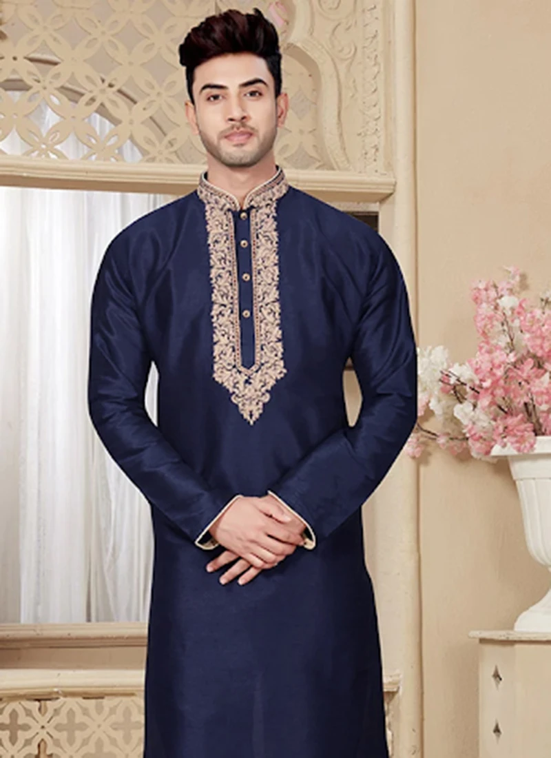 Navy Blue Embroidered Kurta Pyjama Set 3 Navy Blue Embroidered Kurta Pyjama Set - Image 3