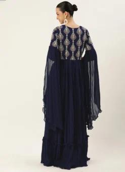Teen Girls Navy Blue Embroidered Pleated Georgette Gown Party Wear -Mahra Clothing Shop Navy Blue Embroidered Pleated Georgette Gown IWBS02307634 b