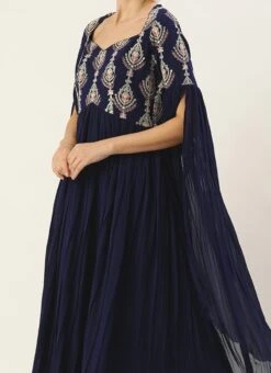 Teen Girls Navy Blue Embroidered Pleated Georgette Gown Party Wear