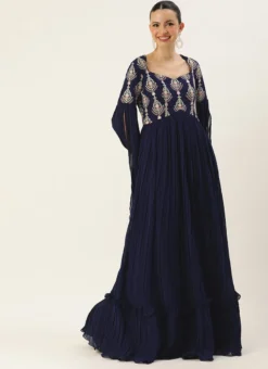 Teen Girls Navy Blue Embroidered Pleated Georgette Gown Party Wear -Mahra Clothing Shop Navy Blue Embroidered Pleated Georgette Gown IWBS02307634 u