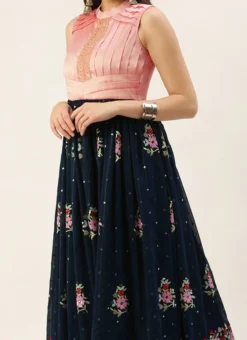 Navy Blue Embroidered Pleated Style Gown Party Wear