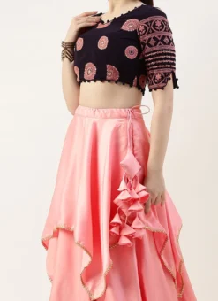 Teen Girls Navy Blue N Pink Embroidered Lehenga Set Party Wear