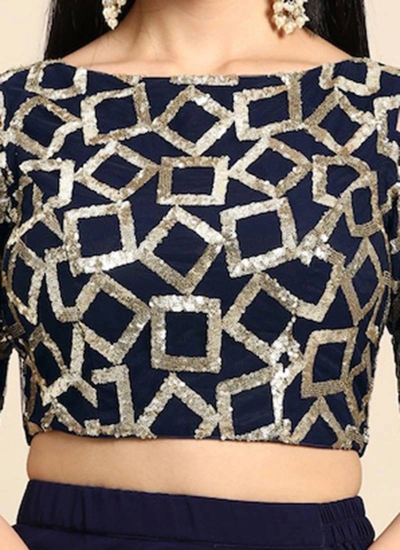 Navy Blue Sequins Net Cold Shoulder Blouse Festive Wear 8 Navy Blue Sequins Net Cold Shoulder Blouse Festive Wear - Image 8
