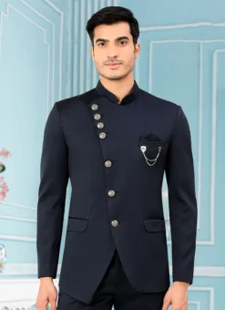 Navy Blue Terry Rayon Bandhgala Jacket -Mahra Clothing Shop Navy Blue Terry Rayon Bandhgala Jacket JMKMDC3732NB b