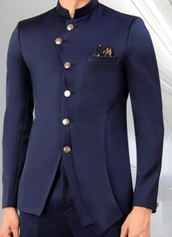 Navy Blue Terry Rayon Satin Bandhgala Jacket