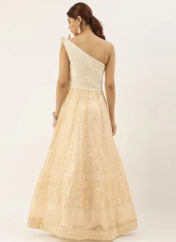 Off White Embroidered Kali Style One Shoulder Gown Party Wear -Mahra Clothing Shop Off White Embroidered Kali Style One Shoulder Gown IWBS02007375 b