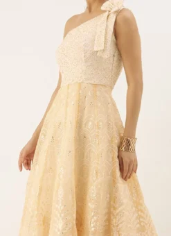 Off White Embroidered Kali Style One Shoulder Gown Party Wear