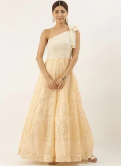 Off White Embroidered Kali Style One Shoulder Gown Party Wear -Mahra Clothing Shop Off White Embroidered Kali Style One Shoulder Gown IWBS02007375 u