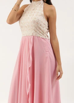 Teen Girls Off White Embroidered N Pink Gown Festive Wear