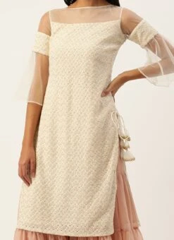 Teen Girls Off White Embroidered N Pink Layered Palazzo Suit Festive Wear