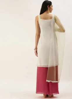 Teen Girls Off White Embroidered N Pink Palazzo Set Festive Wear -Mahra Clothing Shop Off White Embroidered N Pink Palazzo Set SLBS02205960 b