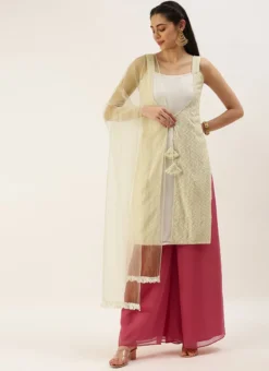 Teen Girls Off White Embroidered N Pink Palazzo Set Festive Wear -Mahra Clothing Shop Off White Embroidered N Pink Palazzo Set SLBS02205960 u