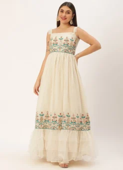 Teen Girls Off White Gota Patti Cotton Embroidered Gown Festive Wear -Mahra Clothing Shop Off White Gota Patti Cotton Embroidered Gown IWBS02302469 u